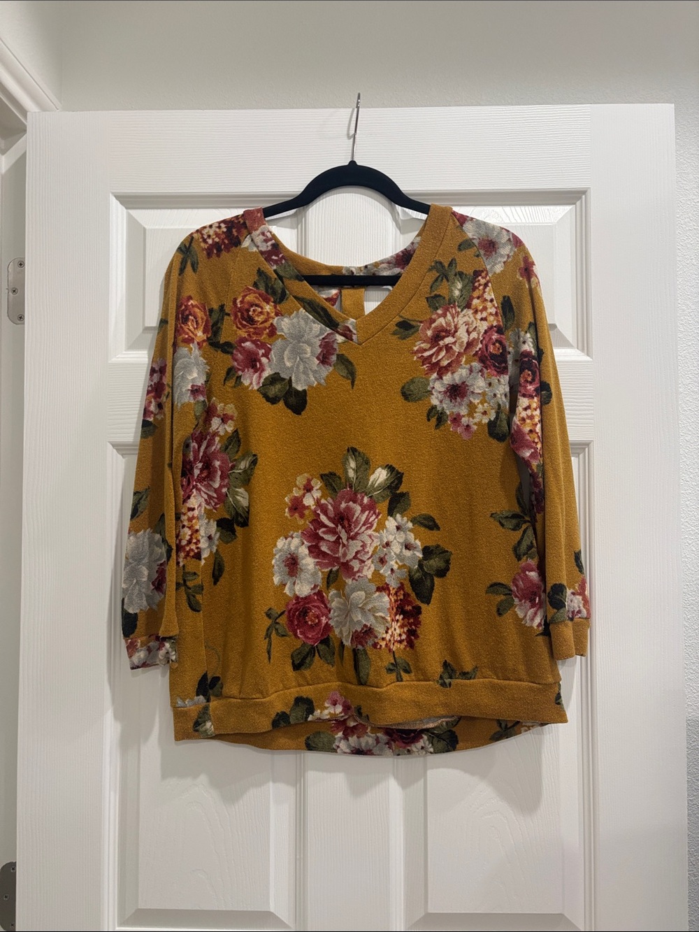 Peach Love California Mustard Floral V-Neck Sweater Top